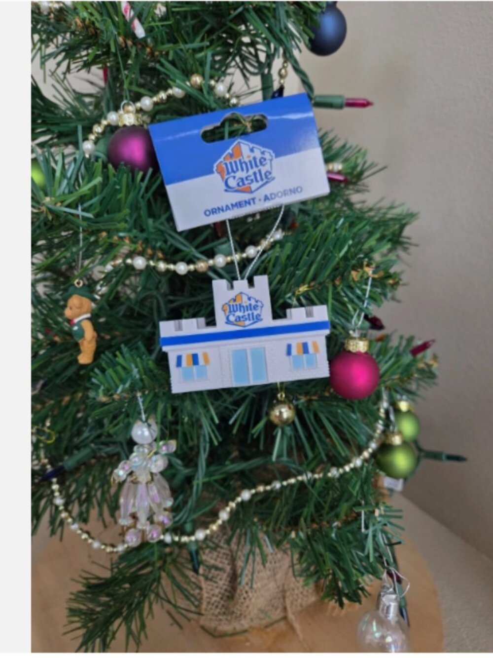 White Castle Decoupage Christmas Holiday Ornament Tree Decoration White Blue NEW